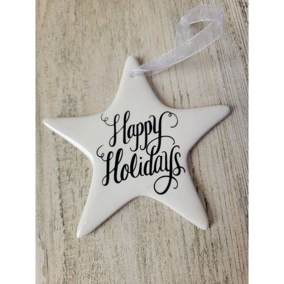 Ceramic white happy holidays star ornament Xmas decor - Picture 1 of 5